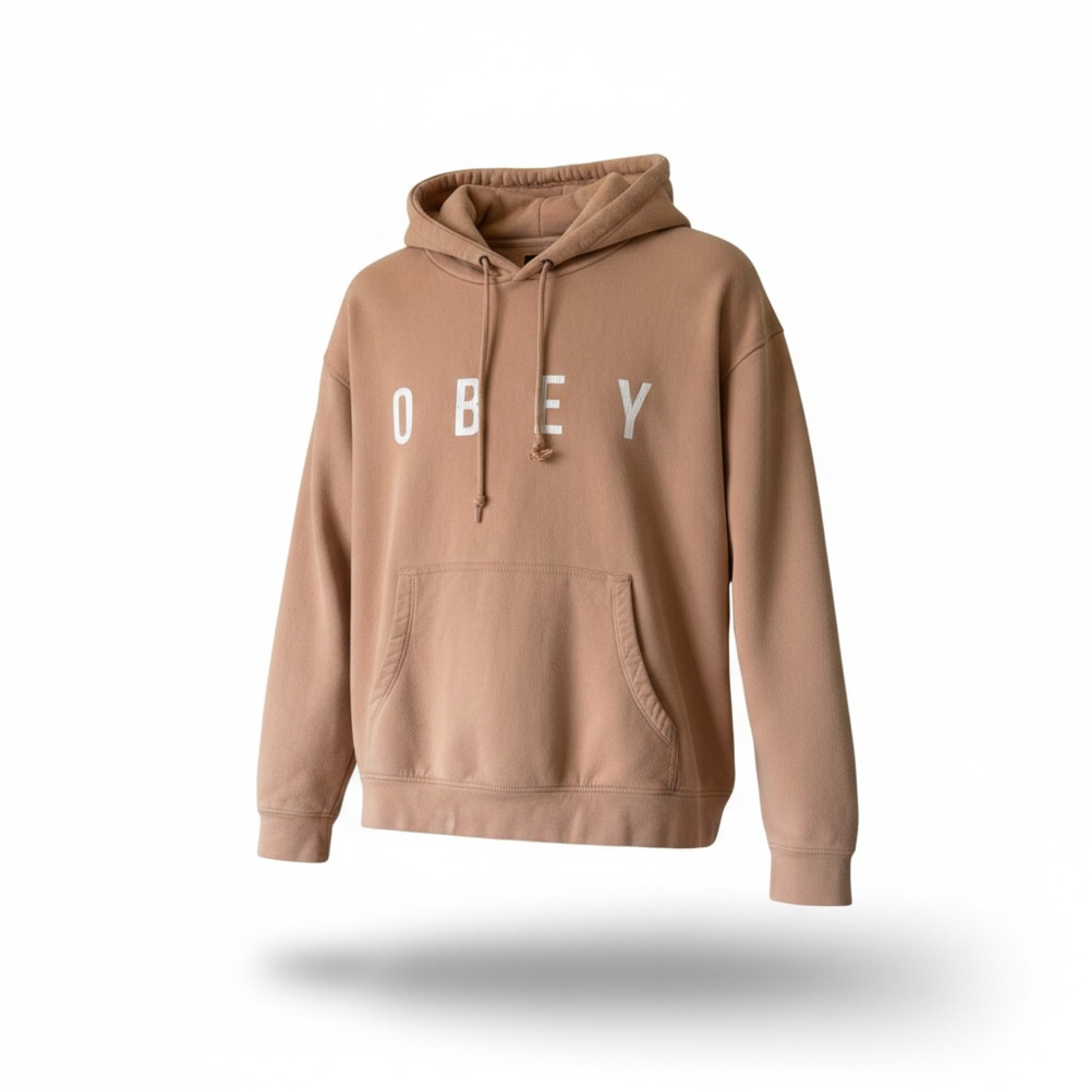 OBEY Worldwide Tan Spell Out Hoodie Pullover Streetwear Size L